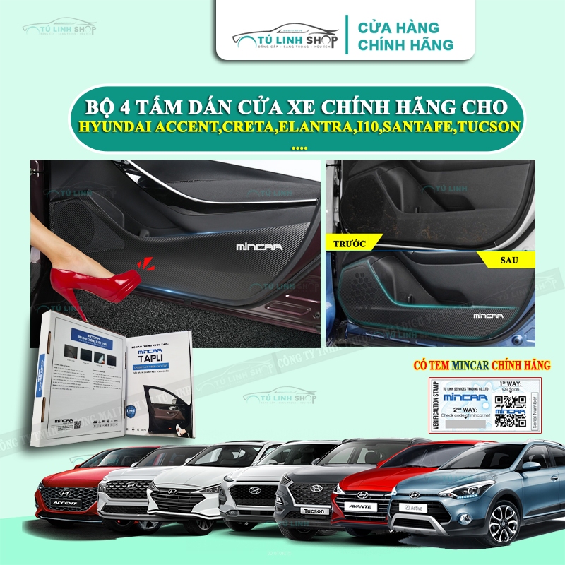 Bộ 4 Tấm dán Tapli xe HYUNDAI Creta, Custin, I10, Accent, Avante, Elantra, Getz,I20,Kona,Santafe,Sonata,Tucson,Stargazer