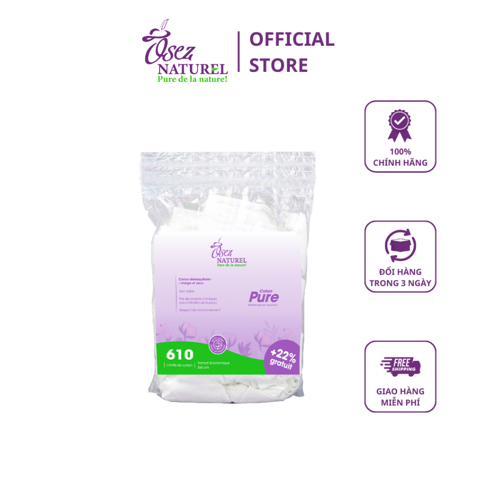 BÔNG TẨY TRANG CAO CẤP OSEZ NATUREL 610 MIẾNG PHÁP COTTON MỀM MỊN
