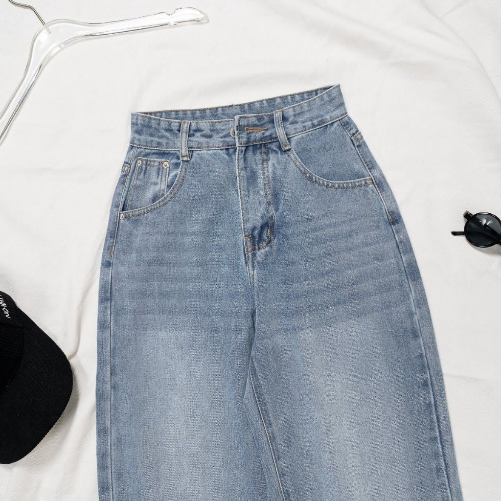 Quần Jean Nữ Ống Suông Lưng Cao Màu Xanh Nhạt Thời Trang Kiểu Dáng Trơn