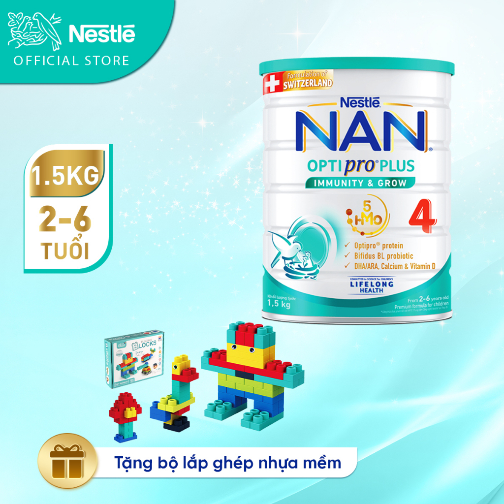 [Tặng Bộ lắp ghép nhựa mềm] Sữa bột Nestlé NAN OPTIPRO PLUS 4 1500g/lon với 5HMO Giúp tiêu hóa tốt + Tăng cường đề kháng