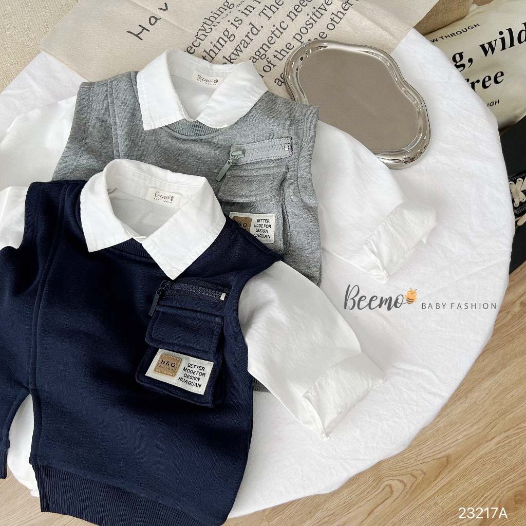 Áo nỉ gile phối túi cá tính Beemo cho bé, áo gile phối túi hộp xẻ vạt cho bé trai bé gái