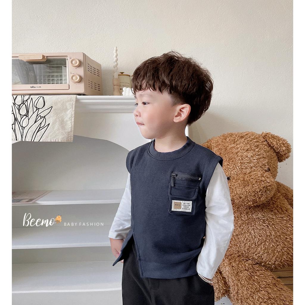 Áo nỉ gile phối túi cá tính Beemo cho bé, áo gile phối túi hộp xẻ vạt cho bé trai bé gái