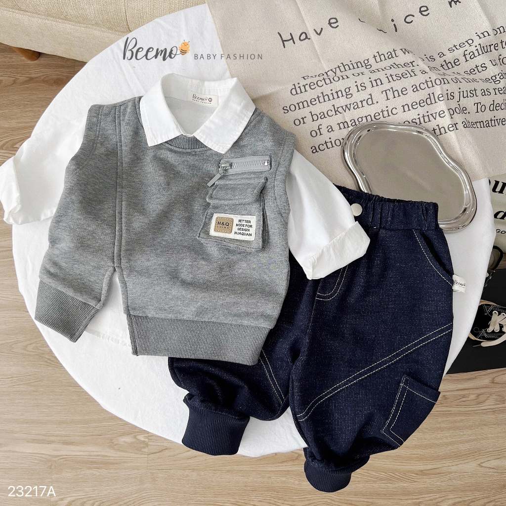 Áo nỉ gile phối túi cá tính Beemo cho bé, áo gile phối túi hộp xẻ vạt cho bé trai bé gái