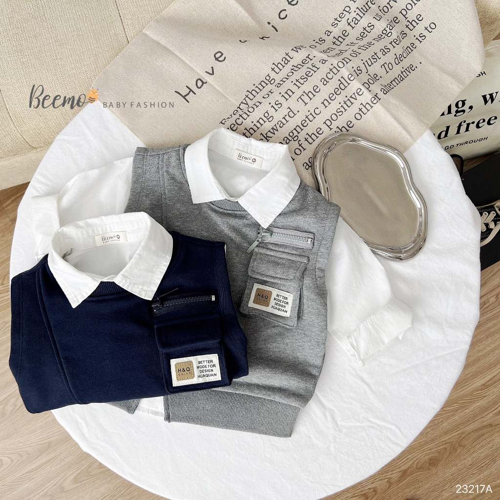 Áo nỉ gile phối túi cá tính Beemo cho bé, áo gile phối túi hộp xẻ vạt cho bé trai bé gái