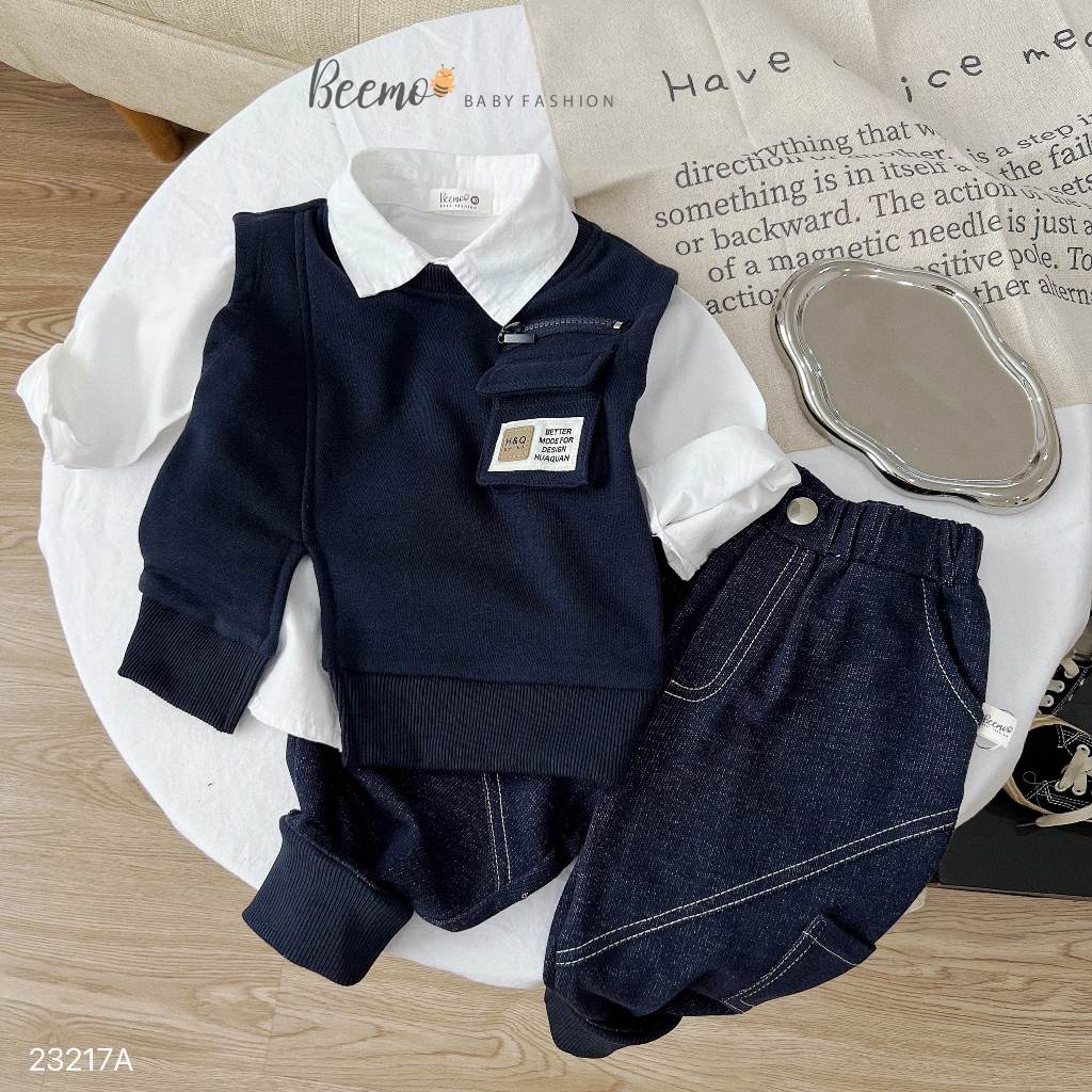 Áo nỉ gile phối túi cá tính Beemo cho bé, áo gile phối túi hộp xẻ vạt cho bé trai bé gái