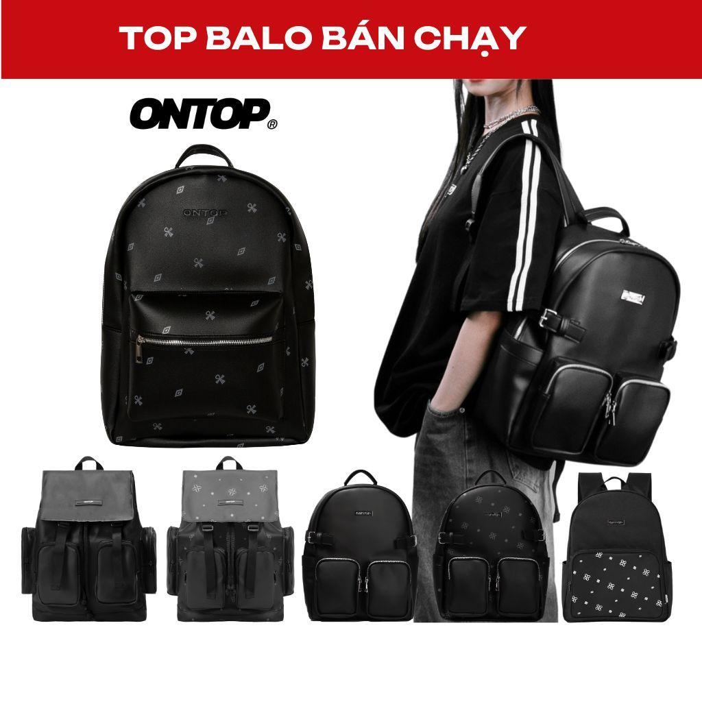 Balo da đi học nam nữ, canvas màu đen chống nước đựng laptop, họa tiết monogram Local Brand ONTOP - Level