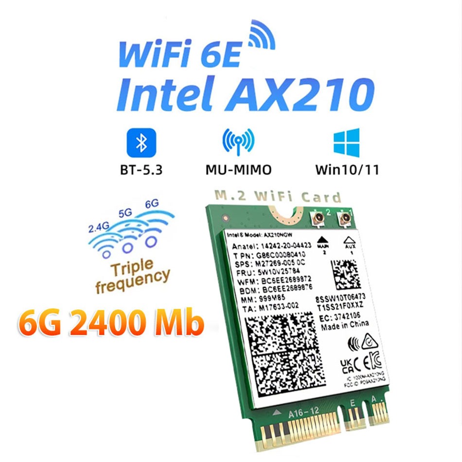 Card mạng Wifi 6E 5G 2.4Ghz M.2 NGFF Chip Intel AX210NGW tốc độ cao 2400Mbps, Bluetooth 5.3