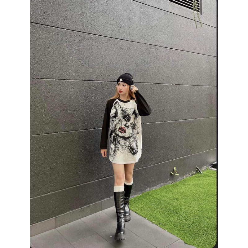 Áo Thun Tay Dài Thu Đông Raglan In 5D Hình Cô Gái Nam Nữ Unsiex Cotton Da Cá Basic