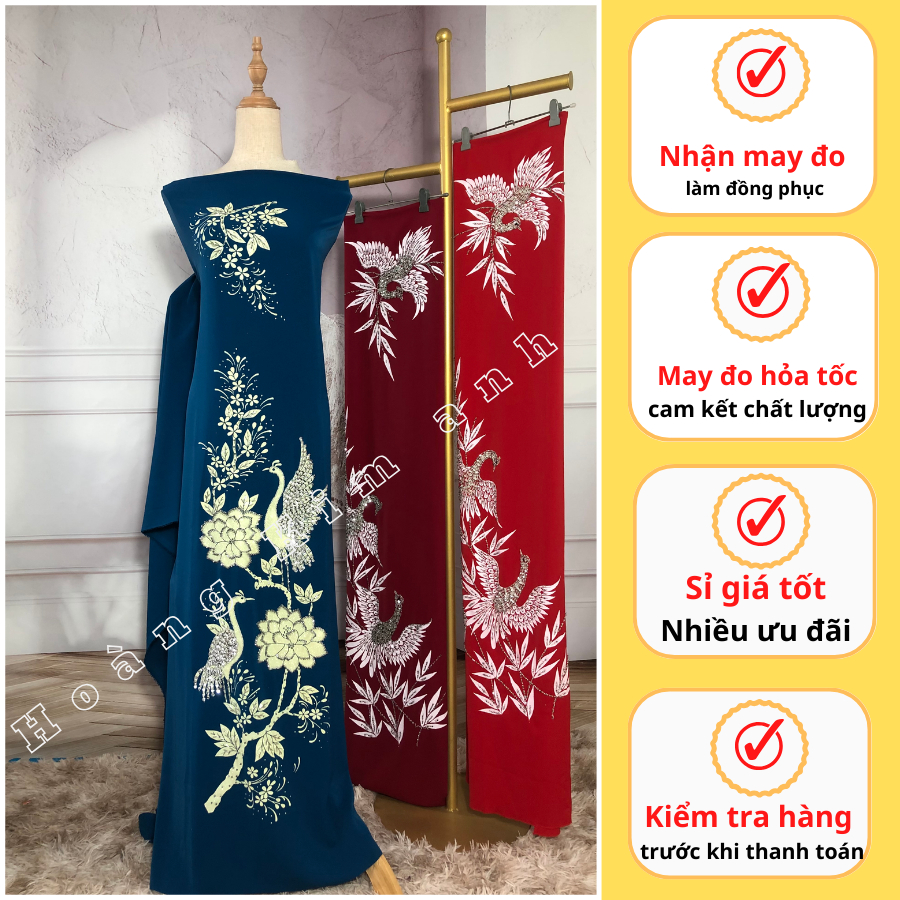 Vải may áo dài trung niên đính kết hoa nổi đẹp, Vải áo dài lụa mỹ may áo dài bà sui cao cấp may đồ đẹp màu Xanh Đen M1