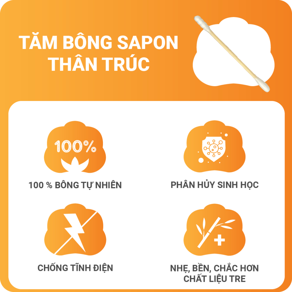 Tăm bông ngoáy tai gỗ người lớn ANOSA thân trúc TB01-153 túi 90 que