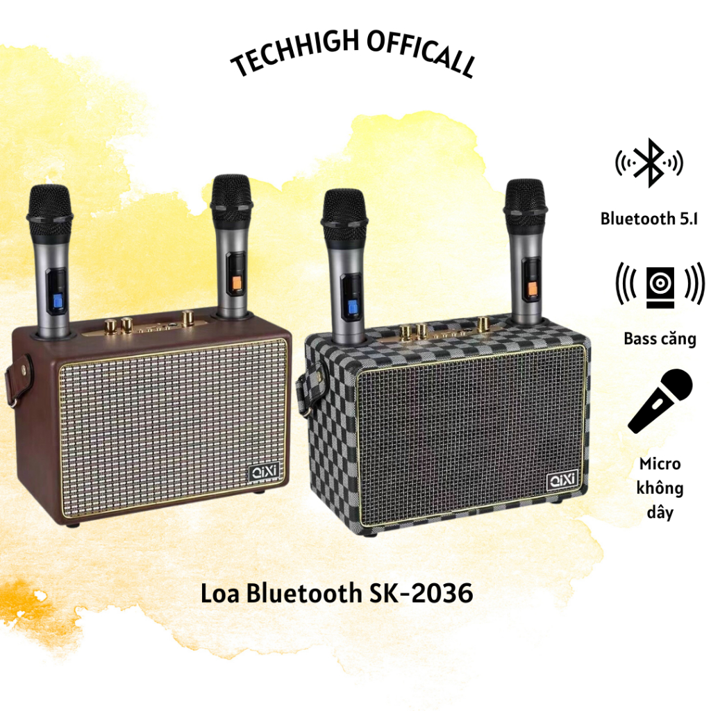 Loa Bluetooth Karaoke SK2036, Kèm 2 Micro Không Dây,  Âm Thanh Siêu Đỉnh, Nghe Nhạc Bass Cực Căng TECHHIGH