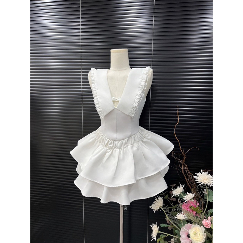 Set áo viền ren bèo nơ đá + quần bí tầng