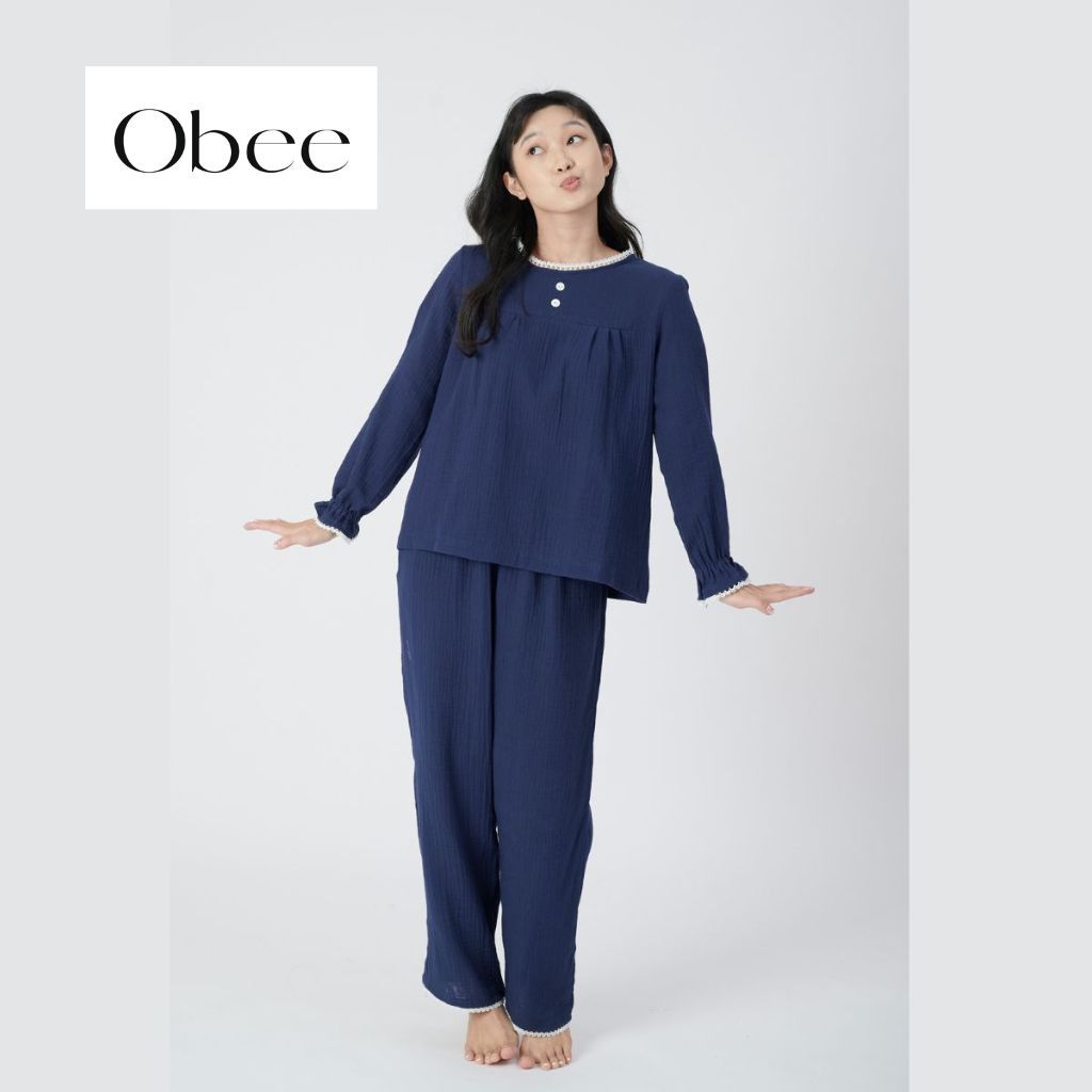 Đồ bộ nữ tay dài quần dài muslin phối ren mềm Obee Closet