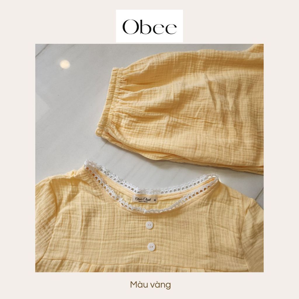 Đồ bộ nữ tay dài quần dài muslin phối ren mềm Obee Closet