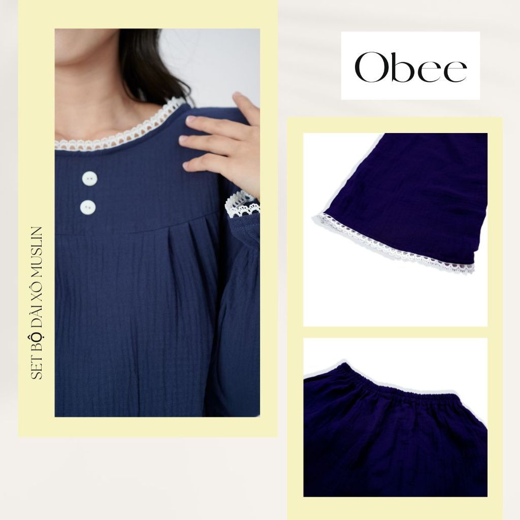 Đồ bộ nữ tay dài quần dài muslin phối ren mềm Obee Closet