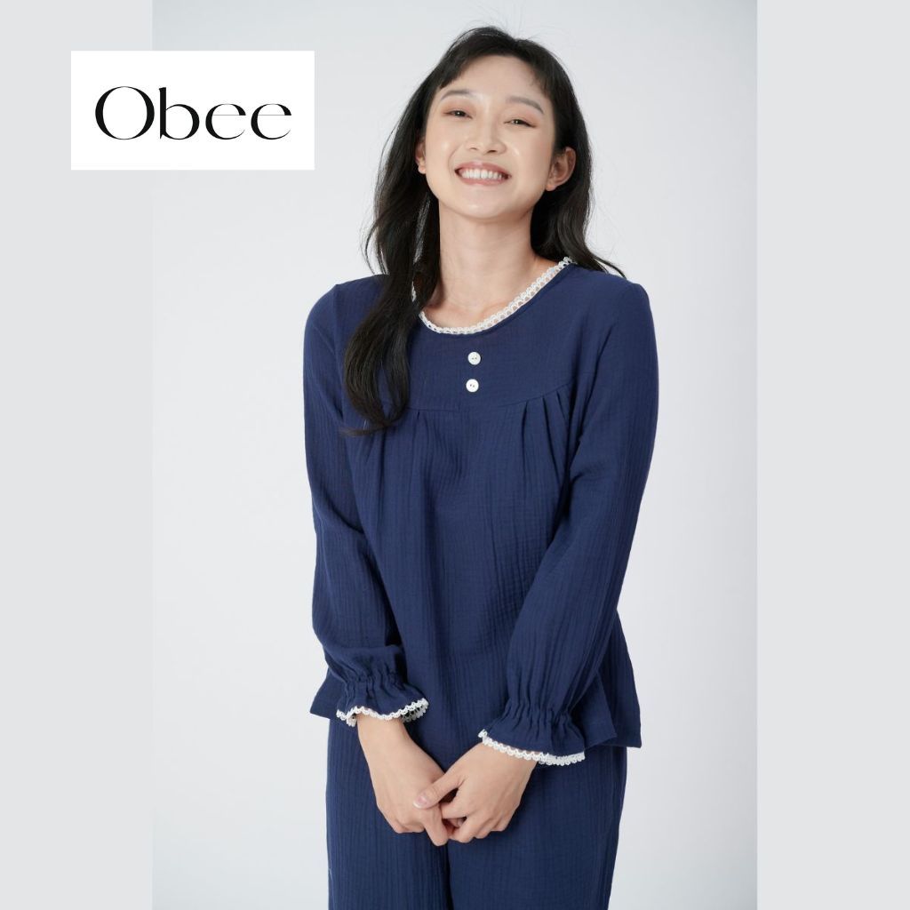 Đồ bộ nữ tay dài quần dài muslin phối ren mềm Obee Closet
