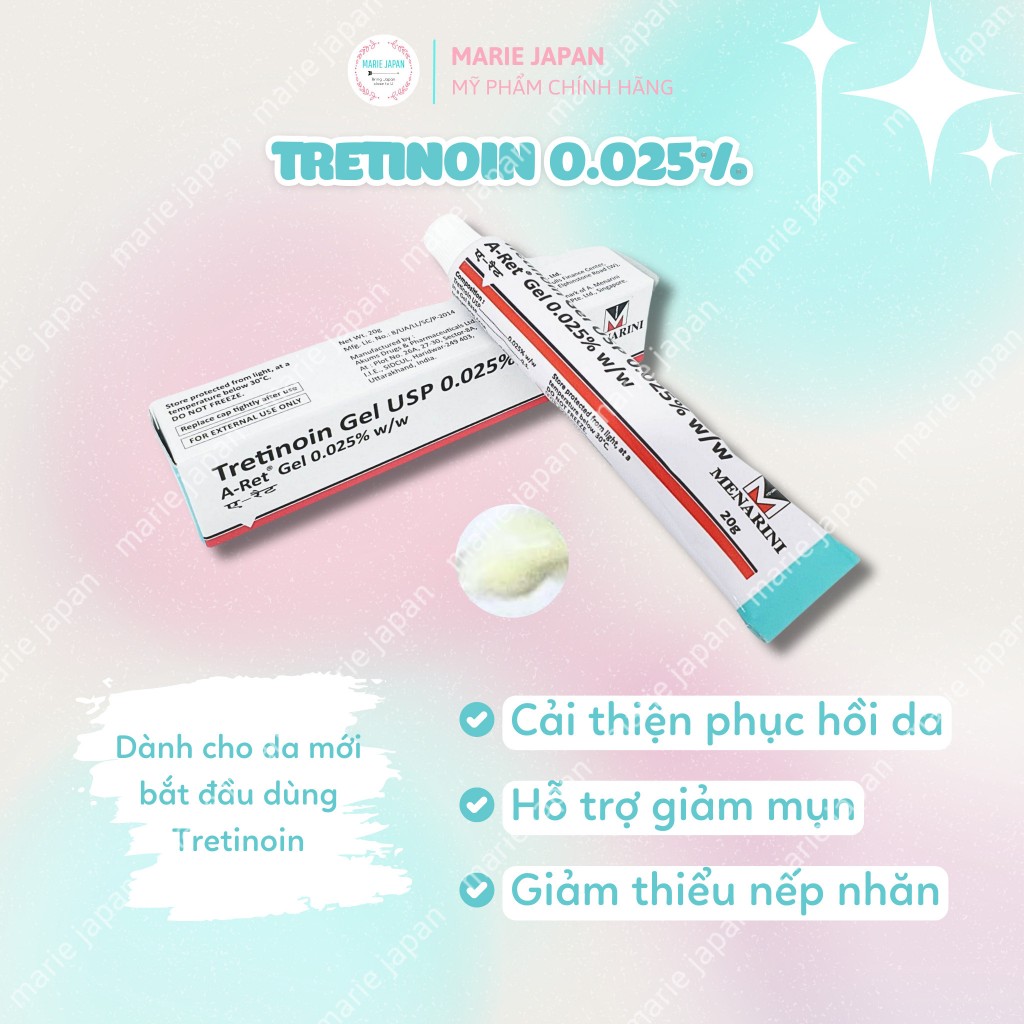 Tretinoin Aret USP Gel Ấn Độ 0.025% 0.1% giảm mụn trẻ hóa da chính hãng