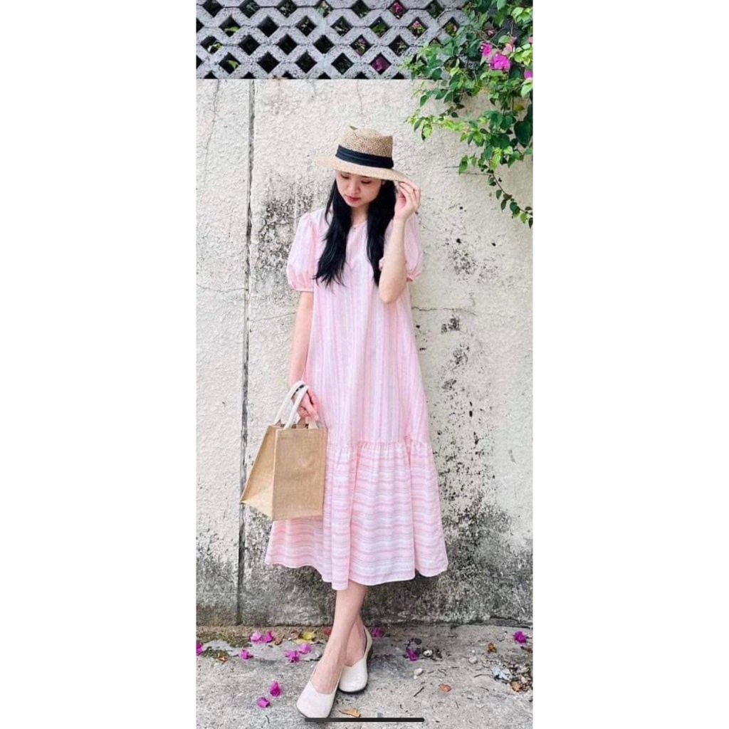 Vải thô cotton sọc cam hồng hot trend may đầm váy, bao gối, làm rèm cửa, decor