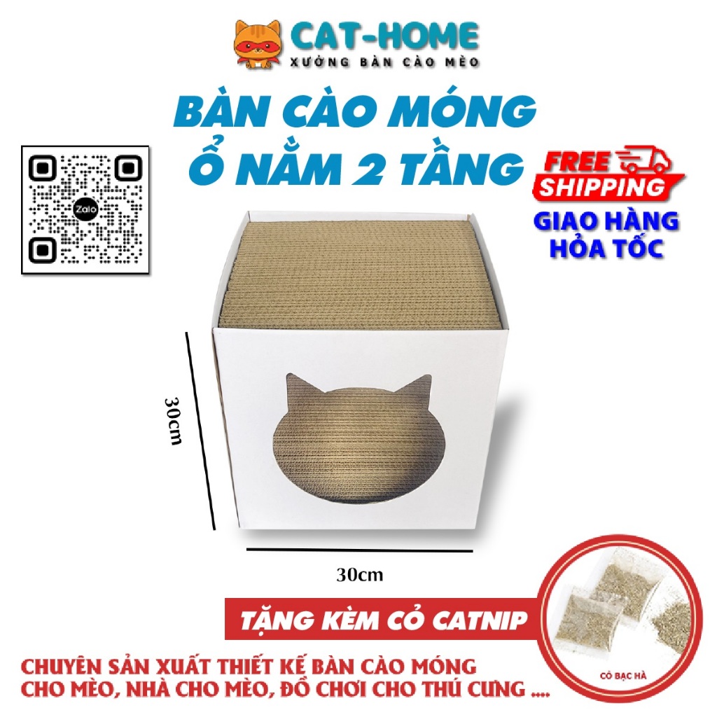 Nhà cho mèo, giường ngủ cho mèo, nhà mèo 2 tầng kết hợp bàn cào móng cho mèo