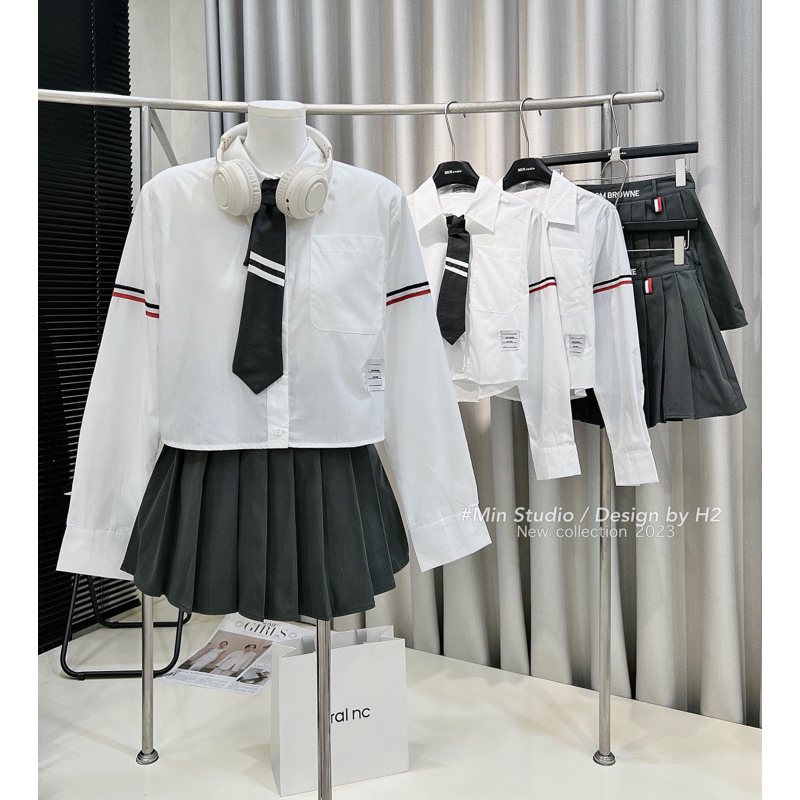 Set Áo sơ mi Thom mix chân váy xoè