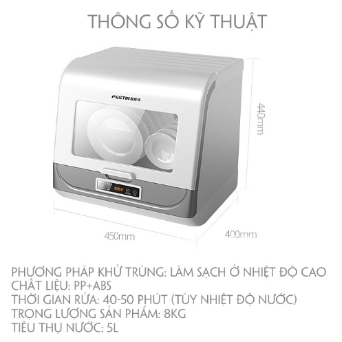 Máy Rửa Bát, Máy Rửa Chén Mini 8 Chương Trình Rửa Phù Hợp Gia Đình 1- 4 Người