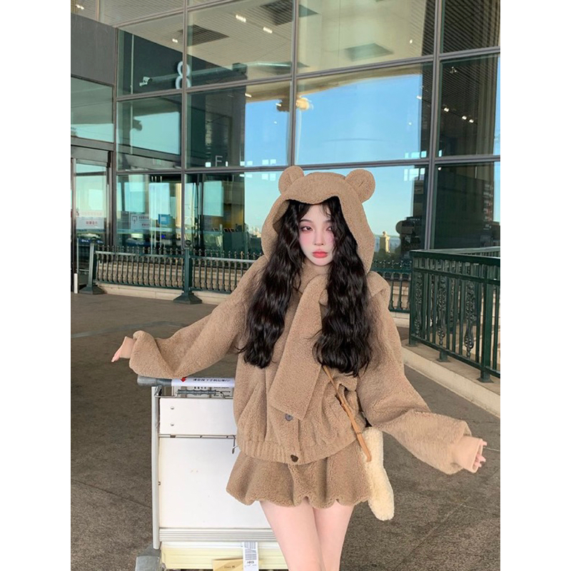 Sét chân váy và áo lông gấu đáng yêu năng động cao cấp  mũ tai gấu có thể tách dời ấm áp
