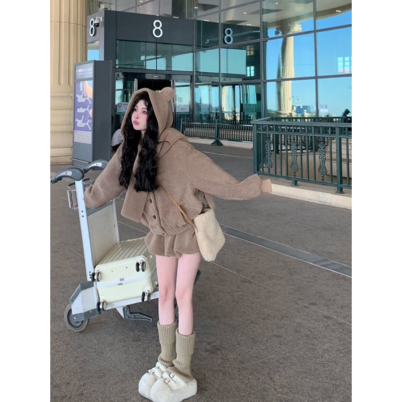 Sét chân váy và áo lông gấu đáng yêu năng động cao cấp  mũ tai gấu có thể tách dời ấm áp