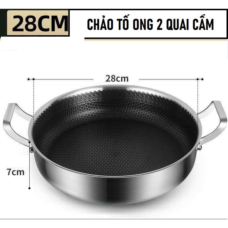 Chảo tổ ong 28cm 2 quai cầm, chảo chống dính 32cm, chảo cao cấp tay cầm inox chống nóng