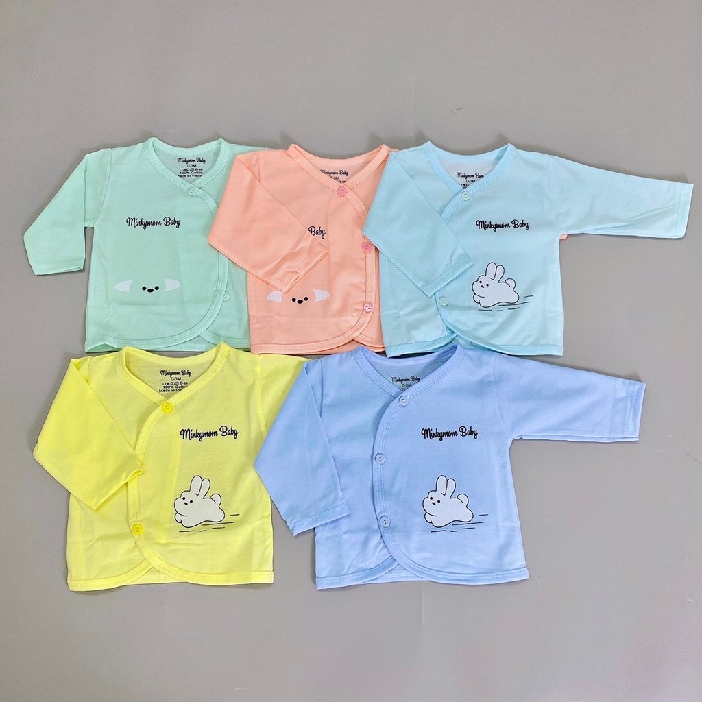 Combo 5 Áo sơ sinh dài tay Minkymom Baby khuy chéo chất Cotton in hình ngộ nghĩnh cho bé từ 2-5kg
