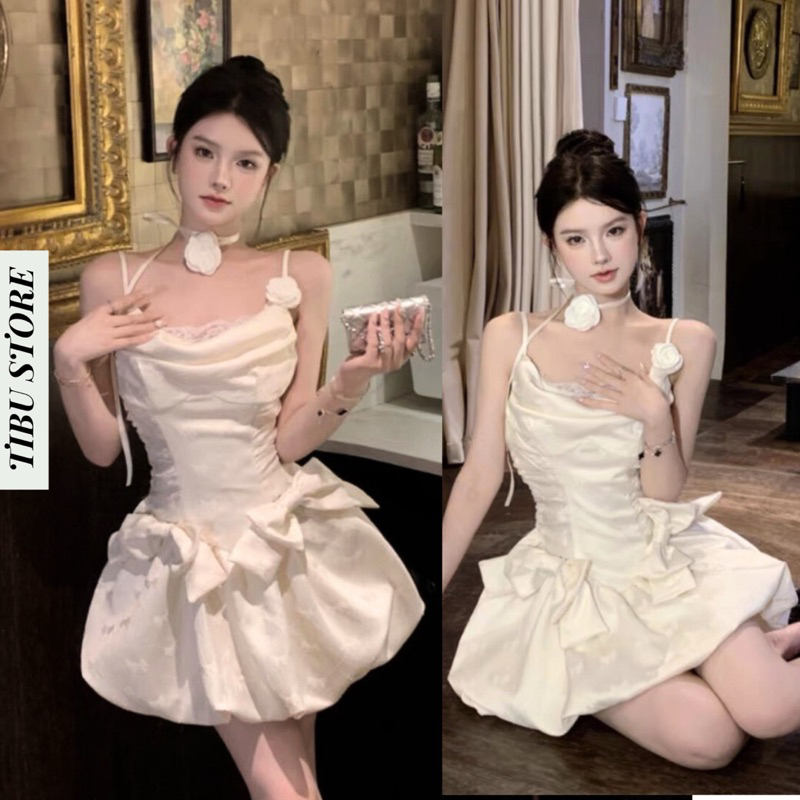 Đầm Hai Dây Màu Trắng Ôm Dáng Hở Lưng Đính Nơ TIBU Đầm Body Dáng Bí Cổ Đổ Phong Cách Hàn Quốc Quyến Rũ Cho Nữ