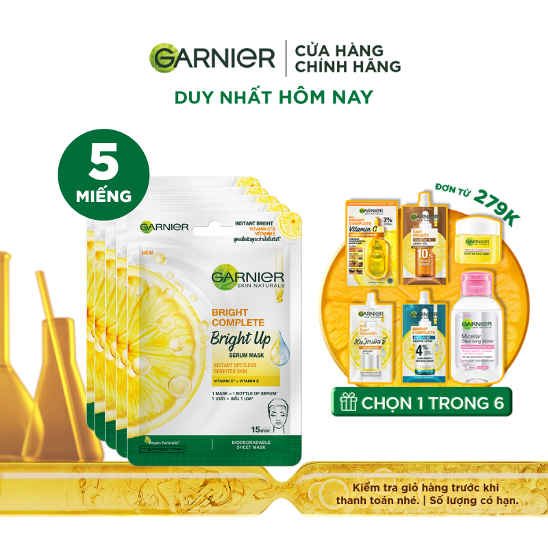 Bộ 5 mặt nạ tinh chất sáng da Vitamin C² & Vitamin E Bright Up Serum Mask Garnier 28gX5