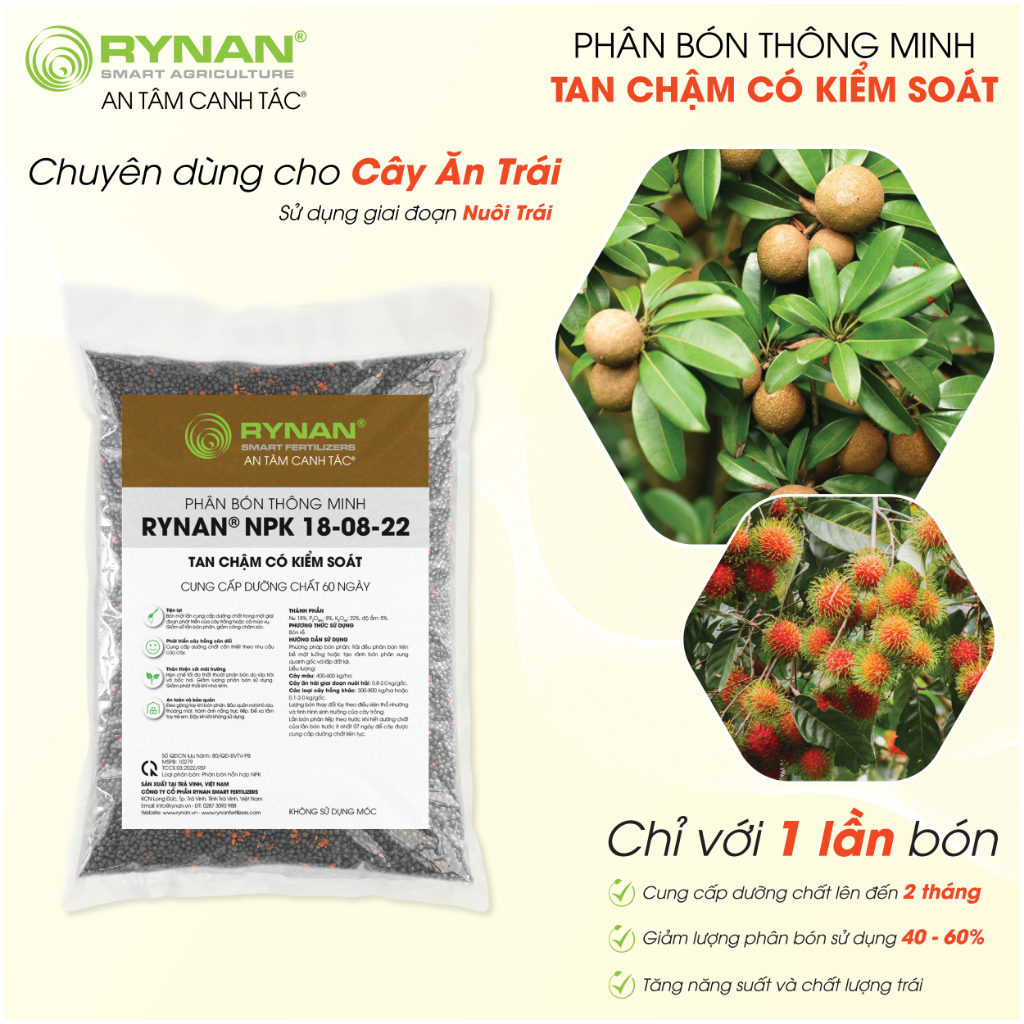 Phân Bón Tan Chậm Chuyên Dùng Cho Cây Ăn Trái RYNAN® NPK 18-08-22 - Sử Dụng Giai Đoạn Nuôi Trái (Bao 5kg)