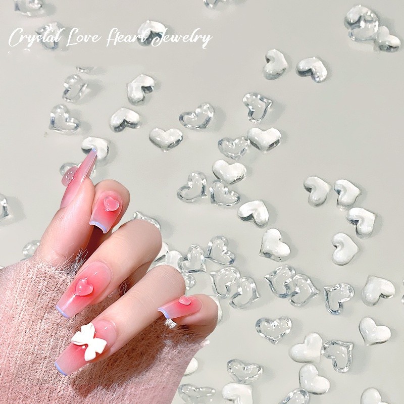 Set 50 phụ kiện trang trí móng trong suốt hình trái tim, trái đào, Charm nail Trái tim trong suốt, Charm nail trái đào