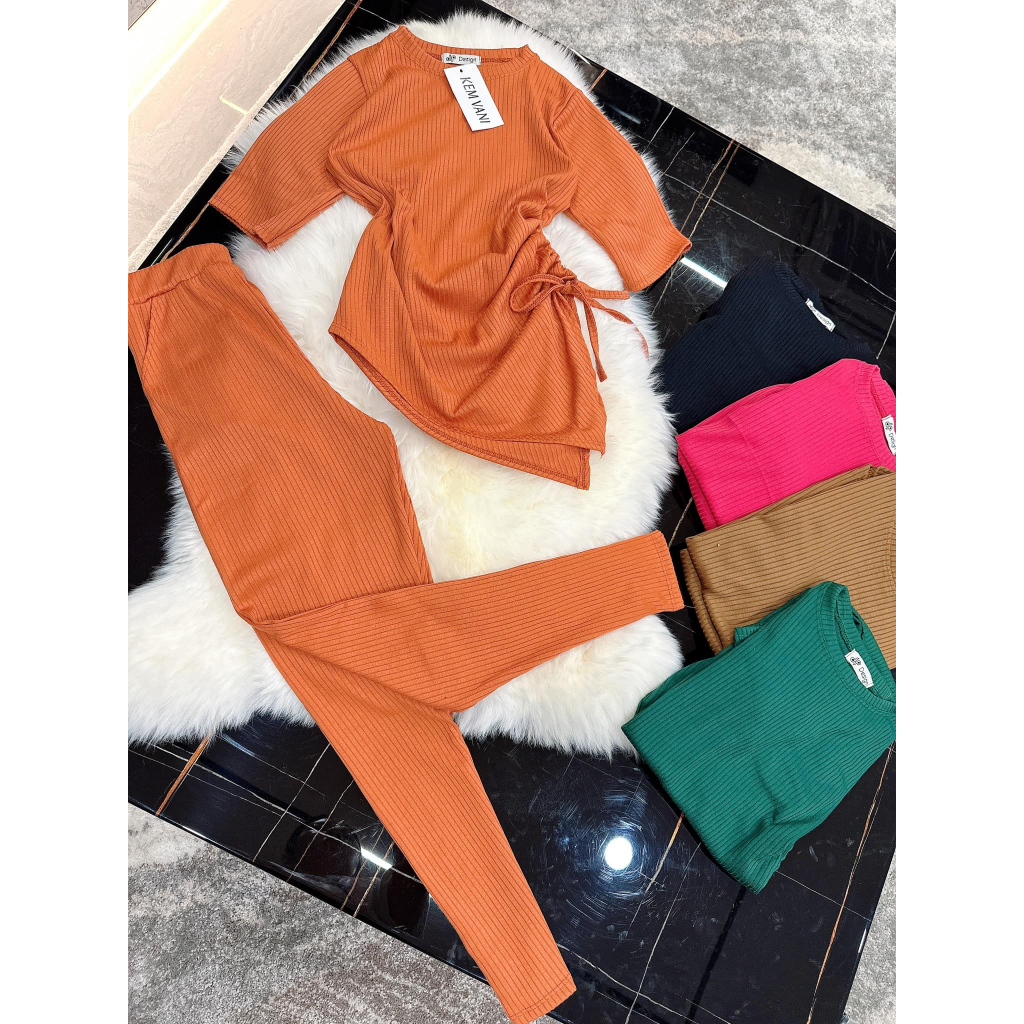 Đồ bộ nữ, set đồ bộ quần legging đai cao có túi và áo ôm ngắn tay vải thun cotton gân borip co giản xịn