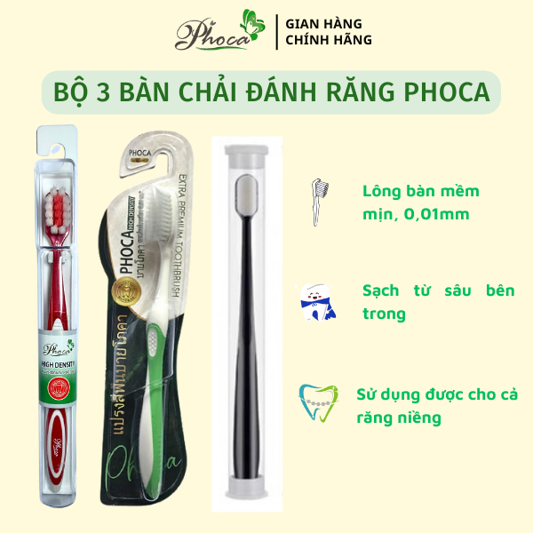 Bàn chải đánh răng Phoca, combo 3 bàn chải đánh răng lông mềm 0,01mm giúp vệ sinh răng miệng thơm mát