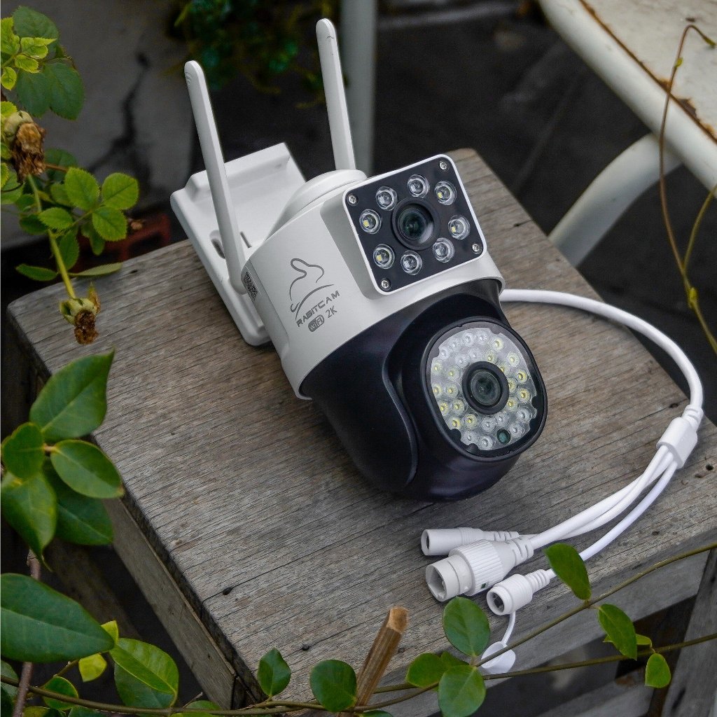 Camera 2 Mắt Ngoài trời RABITCAM 2K, XEM 2 MÀN HÌNH cùng lúc, xoay 360 độ,xem đêm có màu, BH 12 tháng