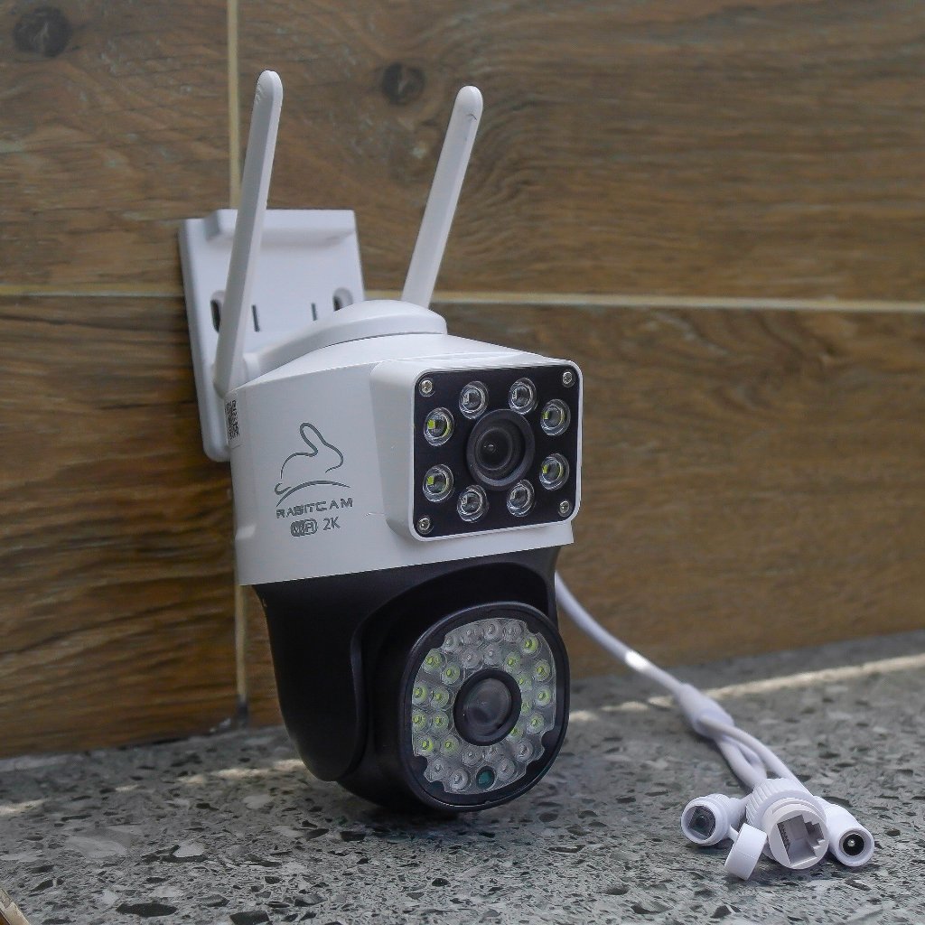 Camera 2 Mắt Ngoài trời RABITCAM 2K, XEM 2 MÀN HÌNH cùng lúc, xoay 360 độ,xem đêm có màu, BH 12 tháng