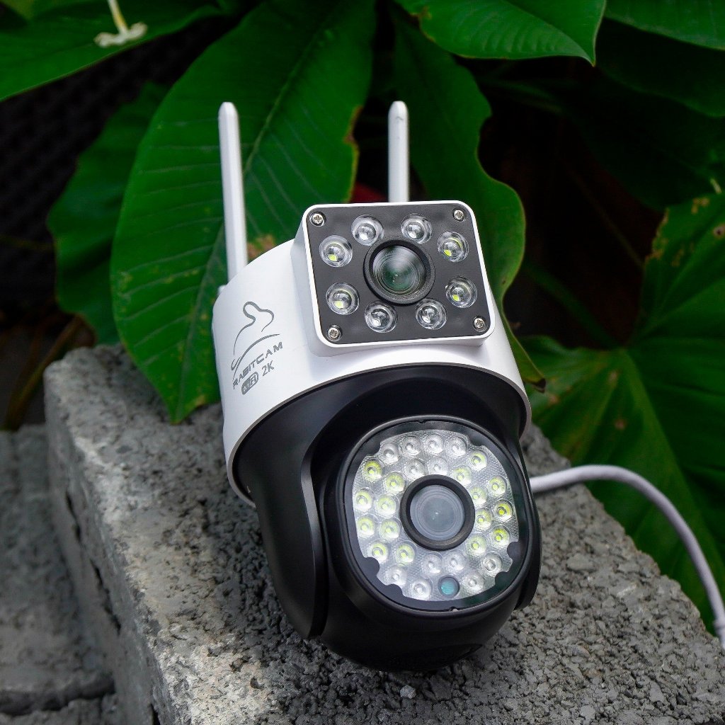 Camera 2 Mắt Ngoài trời RABITCAM 2K, XEM 2 MÀN HÌNH cùng lúc, xoay 360 độ,xem đêm có màu, BH 12 tháng