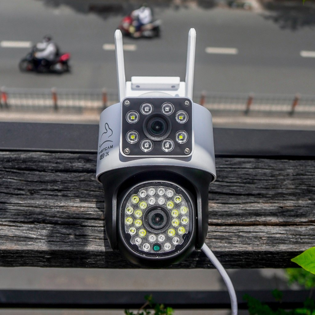 Camera 2 Mắt Ngoài trời RABITCAM 2K, XEM 2 MÀN HÌNH cùng lúc, xoay 360 độ,xem đêm có màu, BH 12 tháng