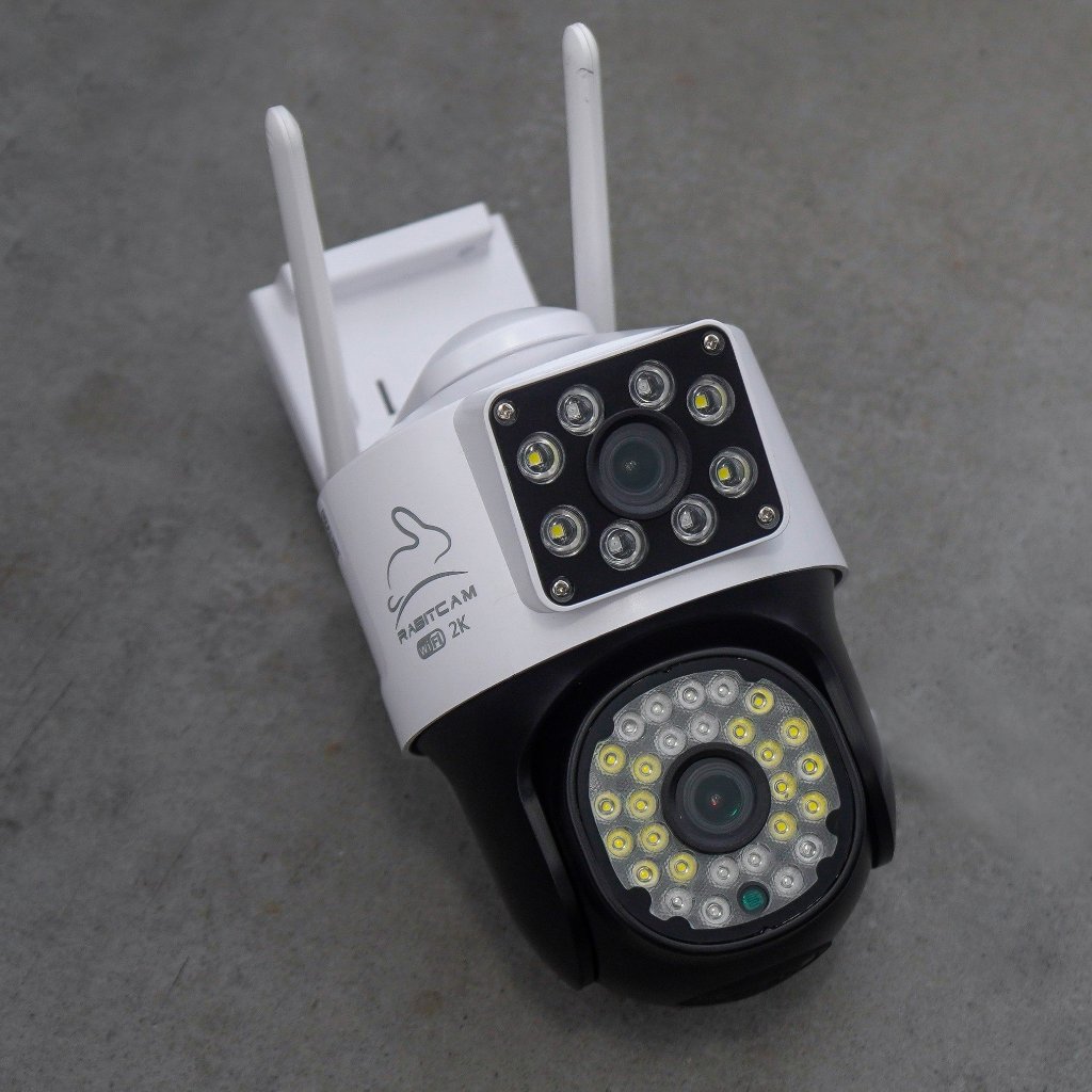Camera 2 Mắt Ngoài trời RABITCAM 2K, XEM 2 MÀN HÌNH cùng lúc, xoay 360 độ,xem đêm có màu, BH 12 tháng