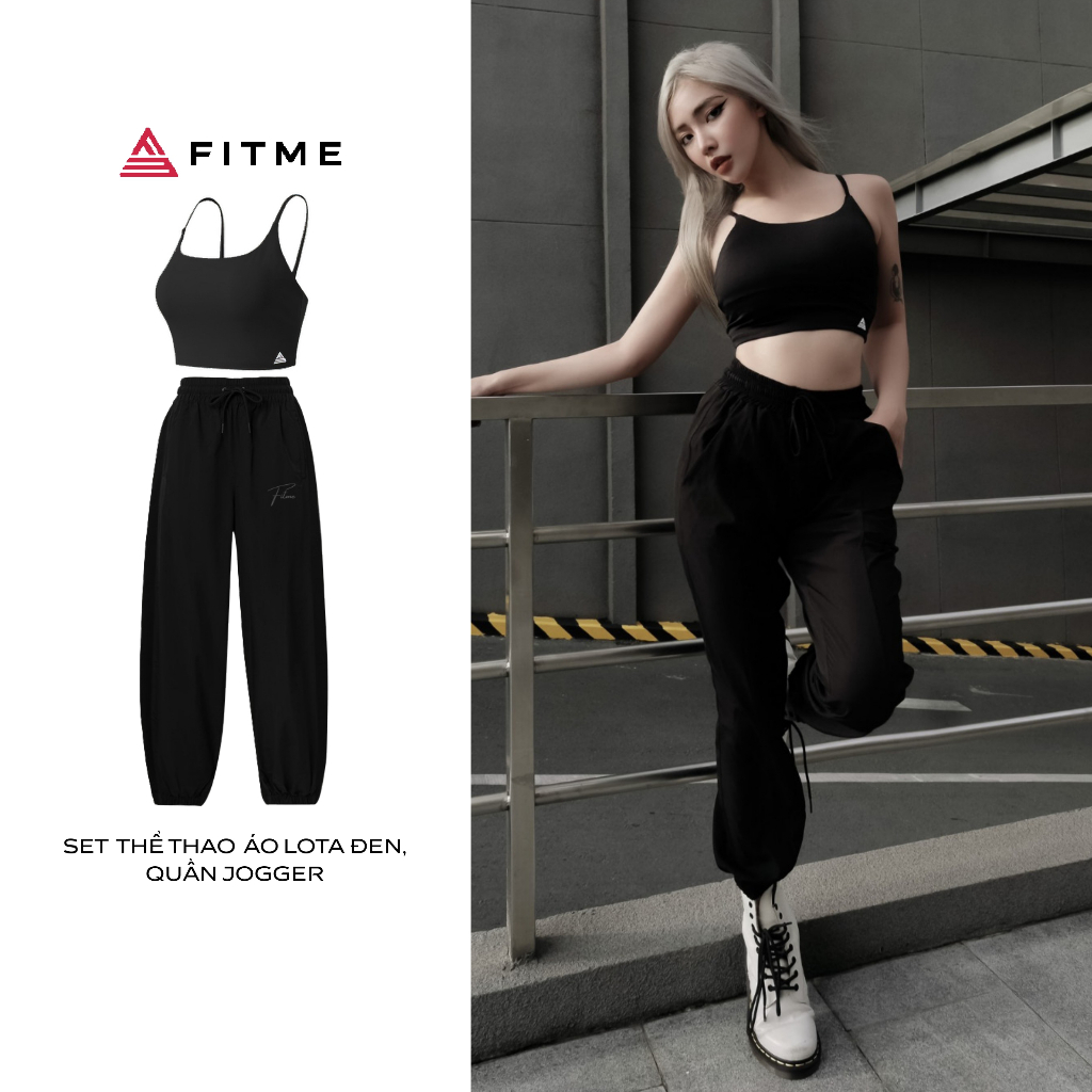 Bộ đồ tập gym Fitme áo bra thể thao nữ Lota đen, quần jogger microfiber đen thoáng mát