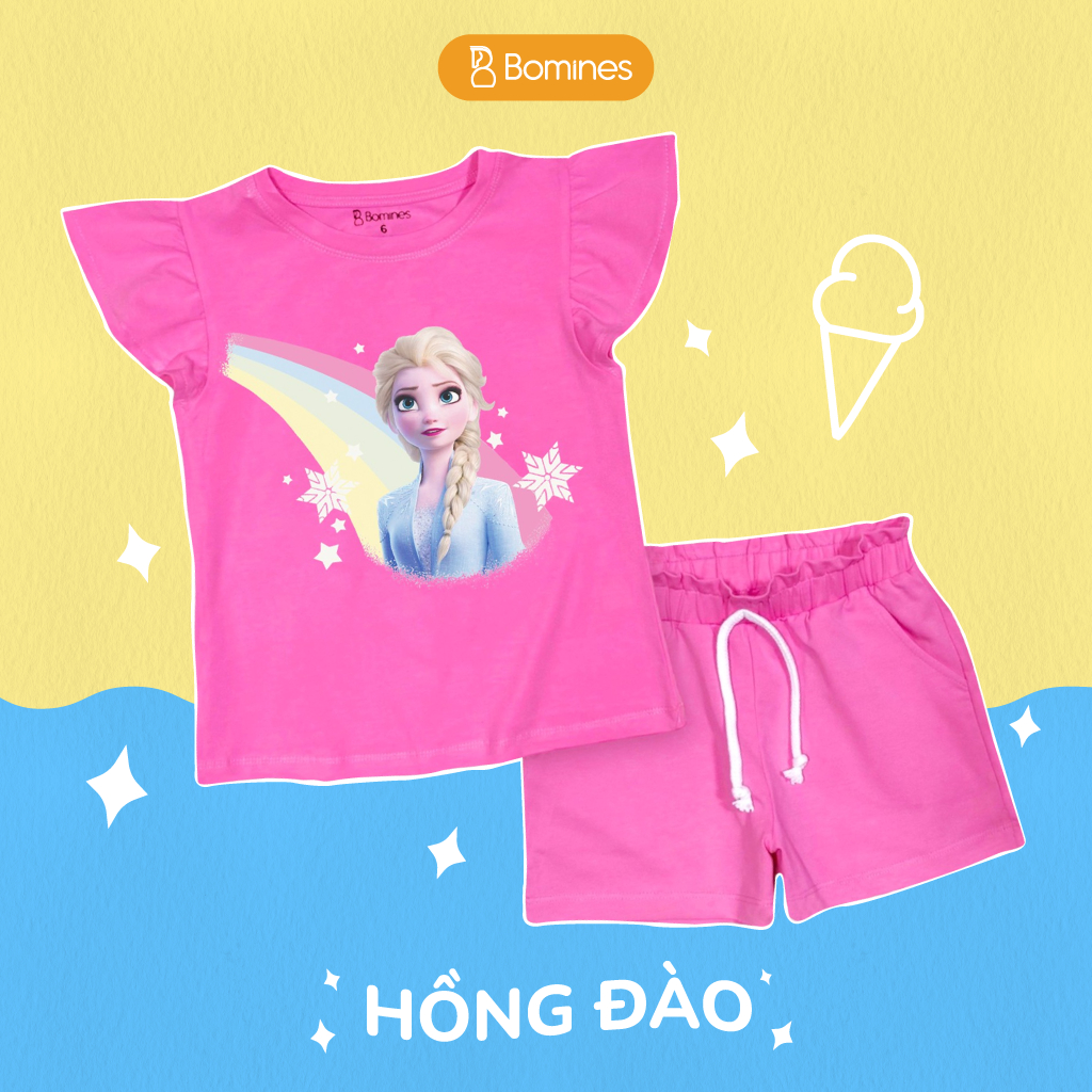 Đồ bộ bé gái Elsa cầu vồng Bomines, bộ short hè thun cotton thoáng mát cho bé  3-10 tuổi khoảng 12-30kg DBSBGELSACAUVONG