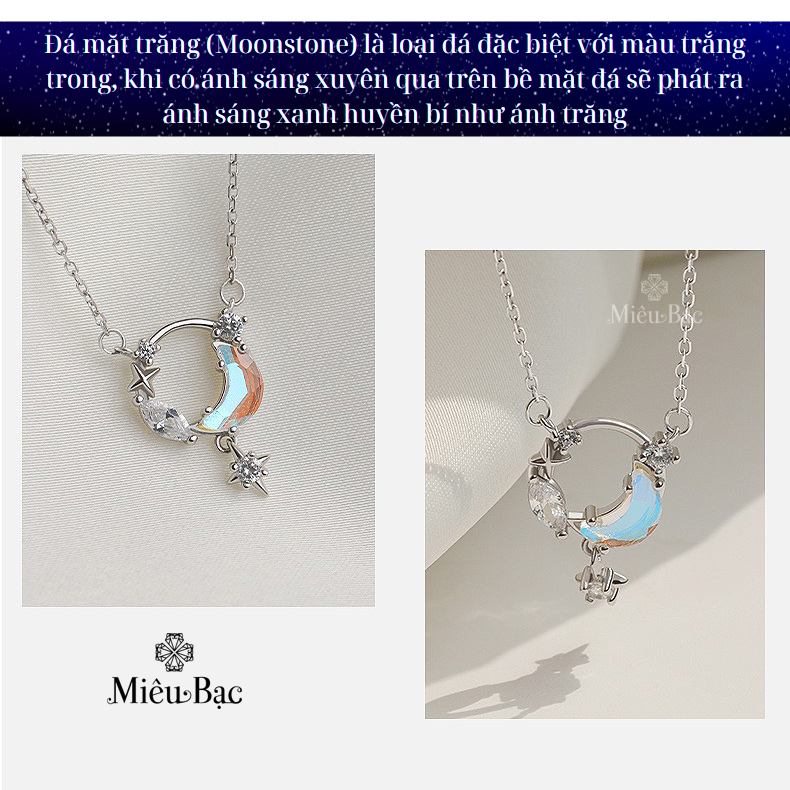Dây chuyền bạc nữ Miêu Bạc vòng cổ hình mặt trăng chất liệu bạc 925 đính đá Moonstone phụ kiện trang sức nữ MD08x