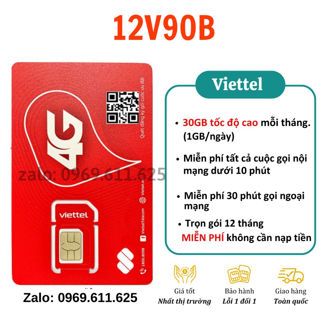 Sim VIETTEL mua 1 lần dùng 1 NĂM 4G không cần nạp tiền- SIM 12UMAX70 12MXH100 12V90B  KHÔNG GIỚI HẠN DATA