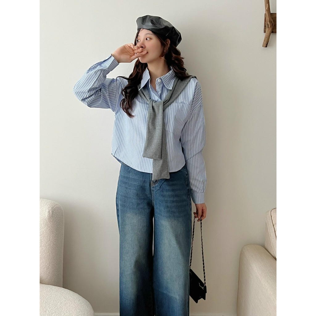 Áo sơ mi kẻ dài tay dáng lửng phối khăn quàng Vintage , Áo sơ mi kẻ cổ thủy thủ Croptop Basic - CHANVA