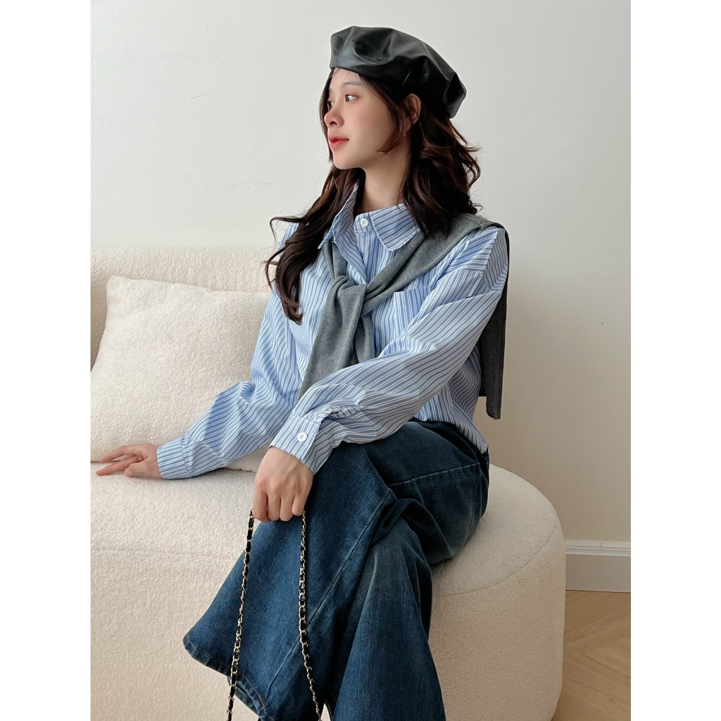 Áo sơ mi kẻ dài tay dáng lửng phối khăn quàng Vintage , Áo sơ mi kẻ cổ thủy thủ Croptop Basic - CHANVA