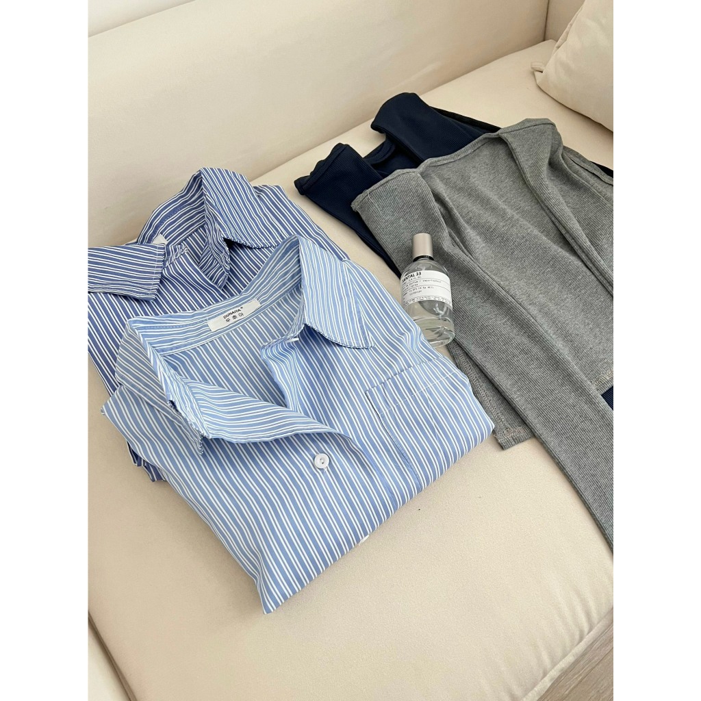 Áo sơ mi kẻ dài tay dáng lửng phối khăn quàng Vintage , Áo sơ mi kẻ cổ thủy thủ Croptop Basic - CHANVA