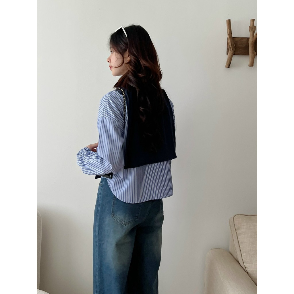 Áo sơ mi kẻ dài tay dáng lửng phối khăn quàng Vintage , Áo sơ mi kẻ cổ thủy thủ Croptop Basic - CHANVA