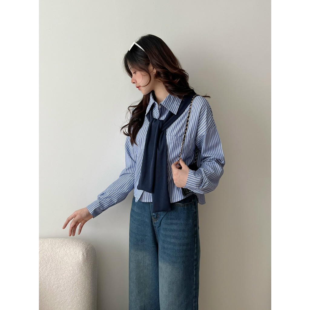 Áo sơ mi kẻ dài tay dáng lửng phối khăn quàng Vintage , Áo sơ mi kẻ cổ thủy thủ Croptop Basic - CHANVA