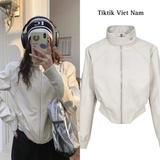 (sẵn) Áo khoác da khóa zip dáng ngắn bo chun phần tay có khuy cài cổ màu trắng phong cách năng động cá tính - Tiktik